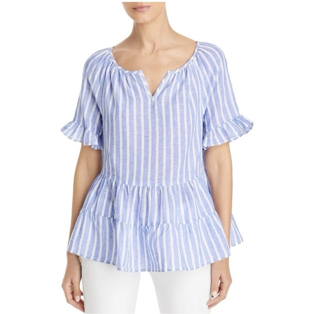 NEW! Beach Lunch Lounge Akia Linen Blend Striped Peplum Blouse Shirt Blue SZ S